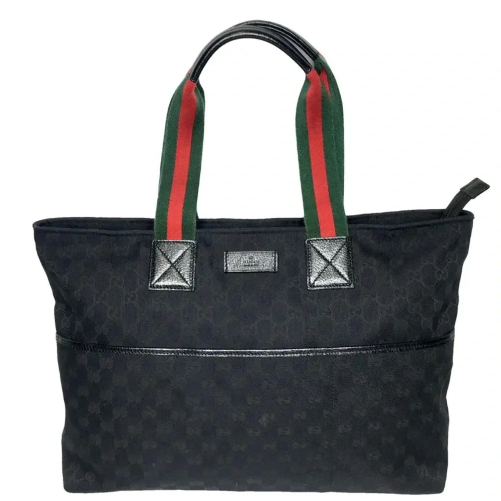 Gucci Black Tote with Signature Red and Green Stripe Handles - Picture 2 of 13